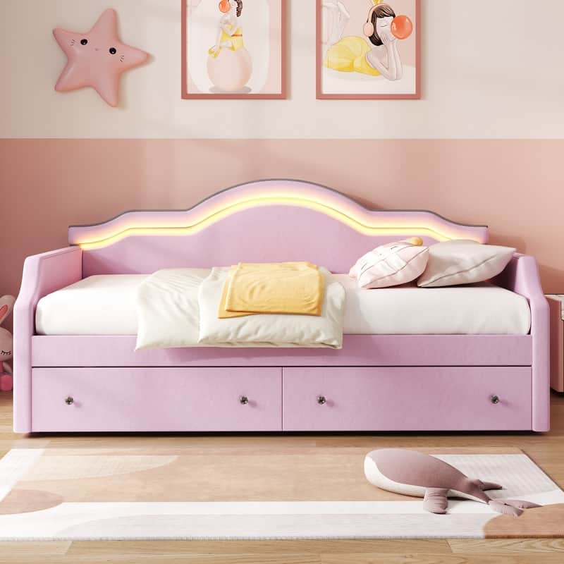 Twin Size Upholstered Daybed with LED and 2 Drawers