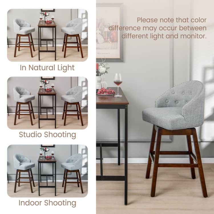 Set of 2 Swivel Bar Stools Tufted Bar Height Pub Chairs with Rubber Wood Legs - 21.5" x 21" x 41.5" (L x W x H)