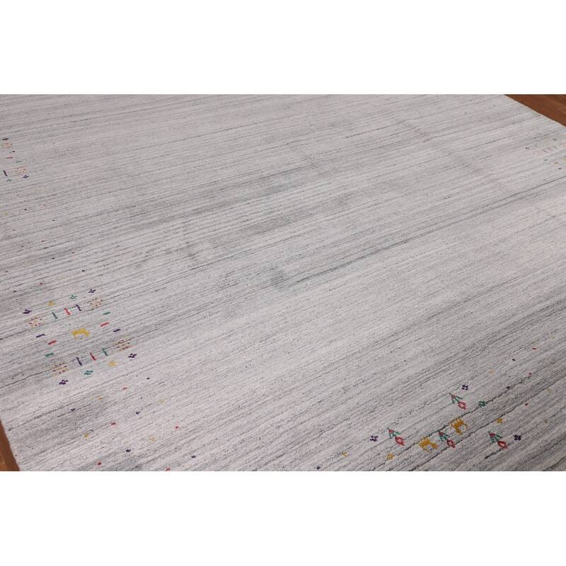 Striped Gray Gabbeh Indian Area Rug Hand-Knotted Wool Carpet - 8'7" X 9'7"