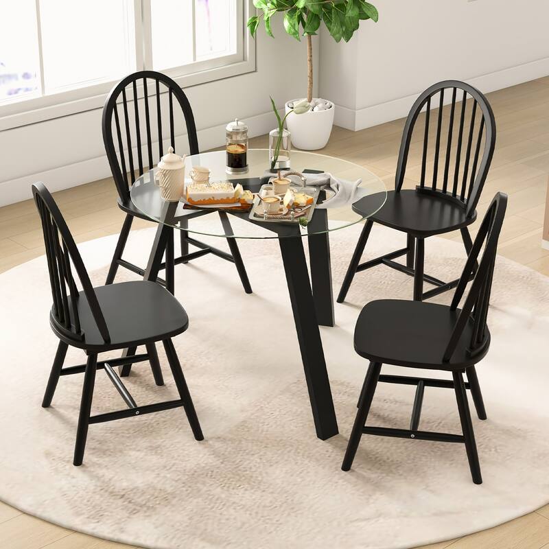 Gymax 5 PCS Dining Set for 4 Round Table w/ 4 Chairs Solid Rubber Wood