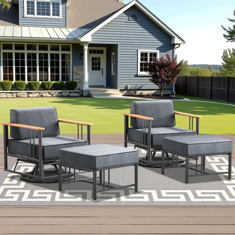 Outdoor 4PCS Glider Chairs with Ottoman - Black & Dark Grey Cushion - 4PCS Glider Chairs with Ottoman