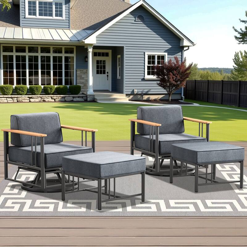 Outdoor Patio Funiture Set with Extra-Thick Seat cushion - Black & Dark Grey Cushion - 4PCS Glider Chairs with Ottoman