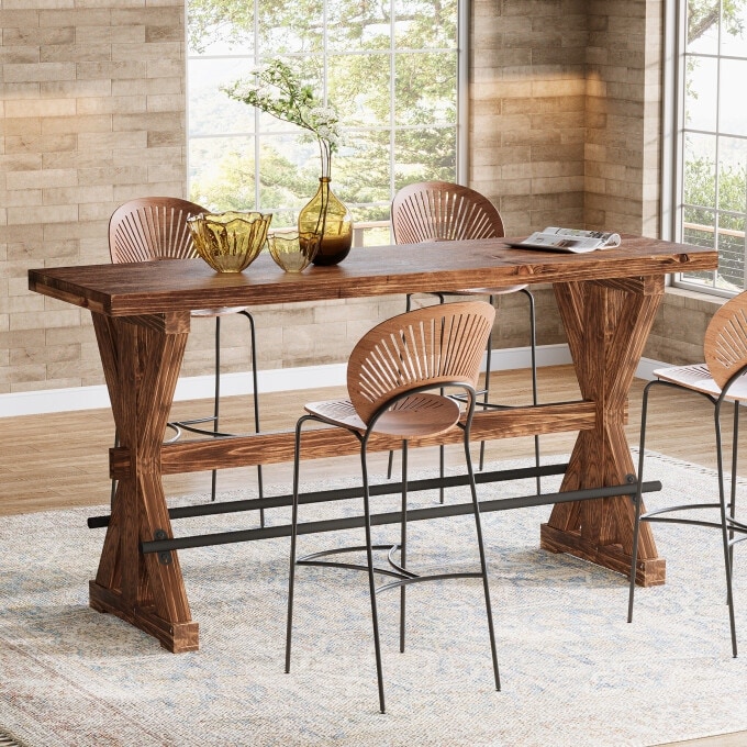 Farmhouse Solid Wood Counter Height Bar Table, 63" Tall Dining Table - N/A