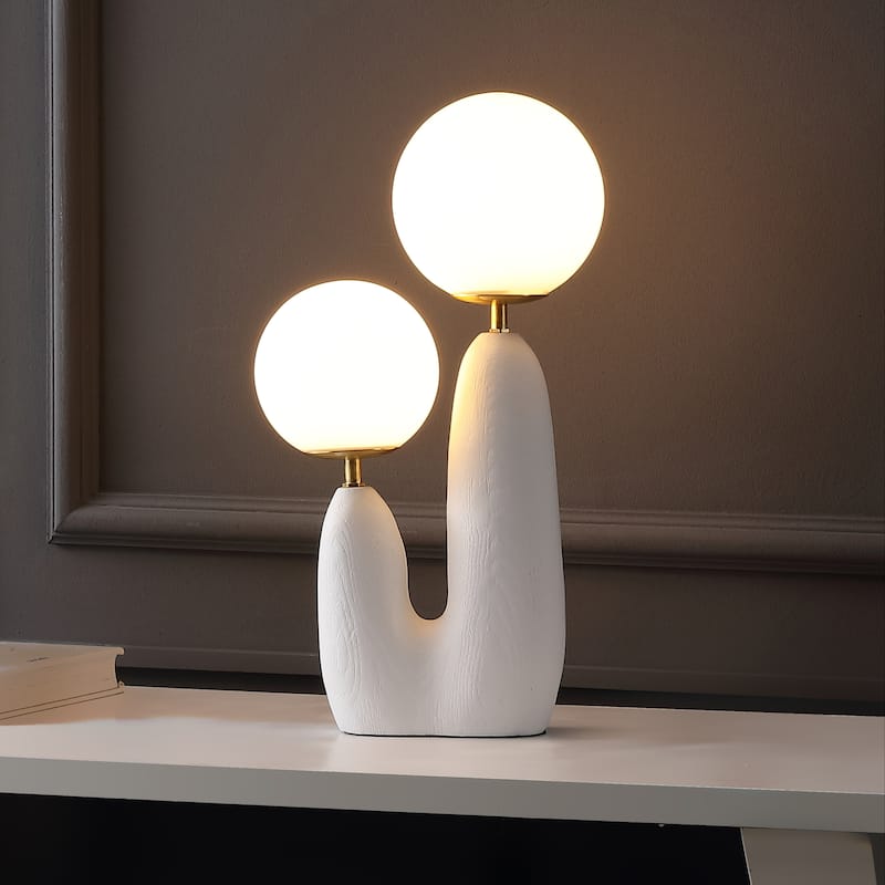 Astra 17.75" 2-Light Modern Bohemian Resin/Iron/Frosted Glass Danish Cactus LED Table Lamp, by JONATHAN Y - 17.75" - White/Brass Gold