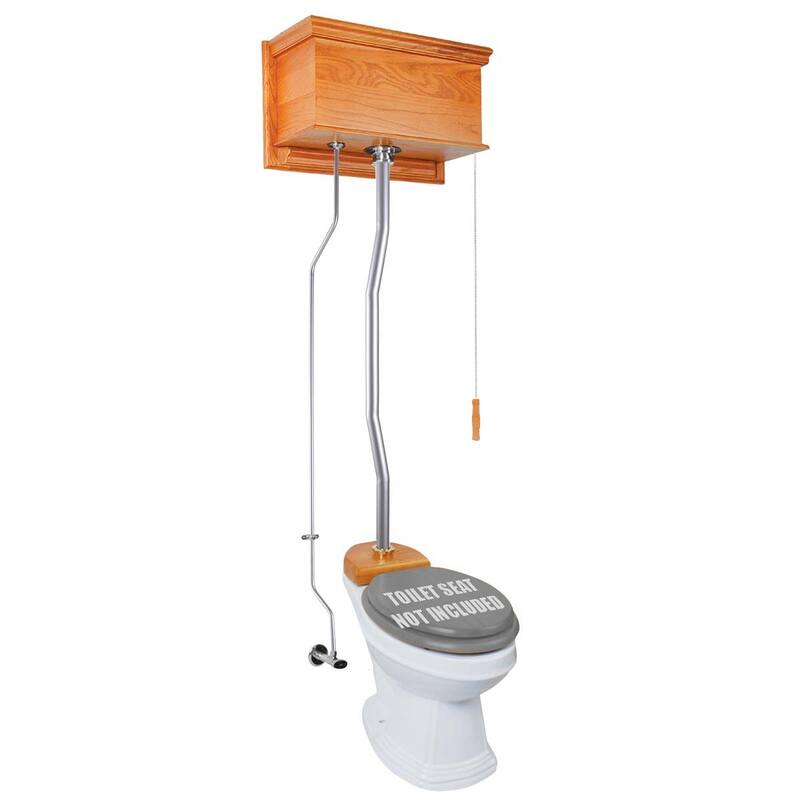 Light Oak Wooden High Tank Toilet Flat Tank, Satin Plated Z Pipe and Elongated White Bowl