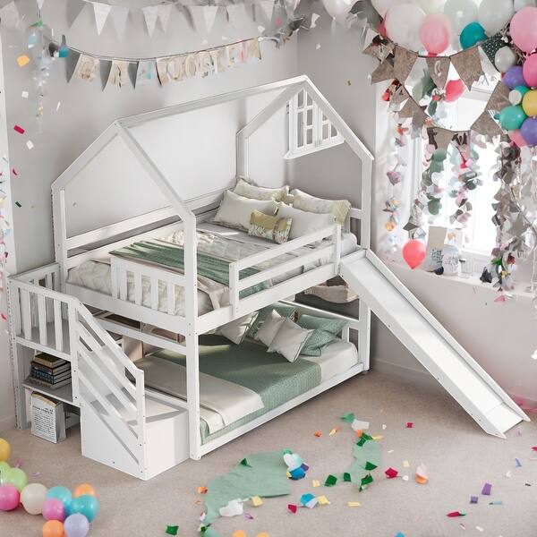 slide 2 of 20, Twin over Twin House Bunk Bed with Convertible Slide,Storage Staircase,White White