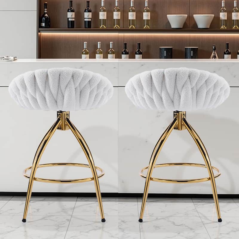 Set of 2 White Teddy Velvet Swivel Bar Stools with Cushioned Seat for Kitchen or Dining Room - 20.28" x 20.28" x 35.83"