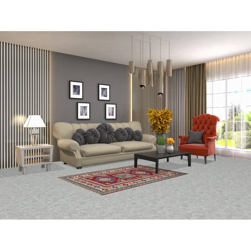 Red Geometric Kazak Oriental Foyer Rug Hand-Knotted Wool Carpet - 3'4" x 5'0"