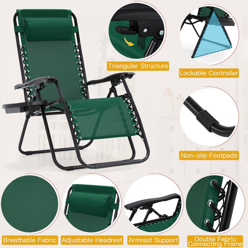 Zero Gravity Lounge Chair Set of 2 – Outdoor Folding Recliners with Cup Holder, Adjustable Headrest, Weather-Resistant Fabric