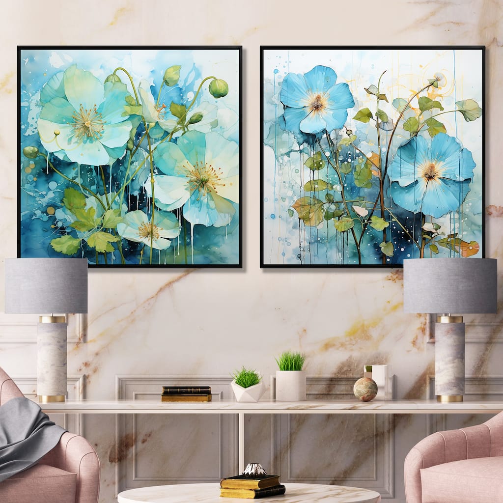 Designart "Blue Morning Glory Spring Awakening I" Morning Glory Framed Art Set Of 2 - Traditional Wall Art 2 Pieces