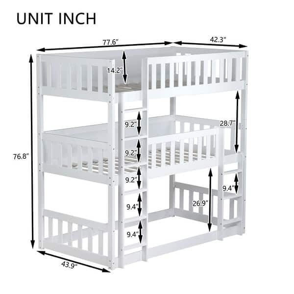 dimension image slide 1 of 2, Triple Bunk Bed with Built-in Ladder,Twin-Over-Twin-Over-Twin Bunkbeds w/Safety Guardrails