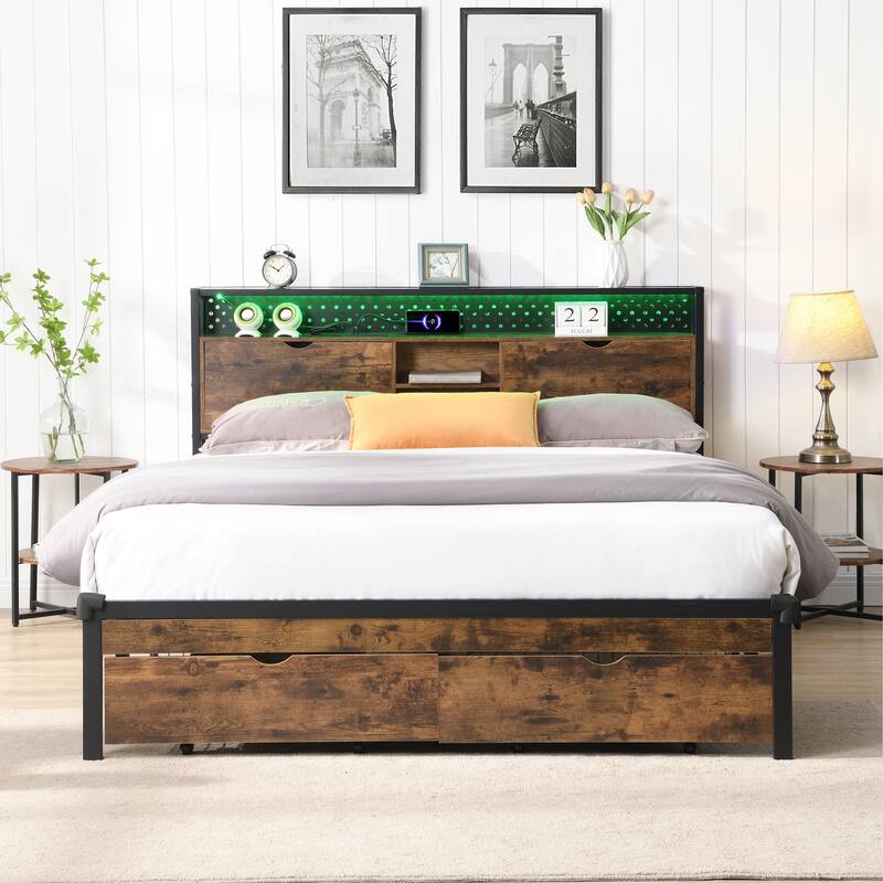 Metal Platform Bed Frame with Wooden Headboard, USB Charging, LED Lights, Storage Drawers, No Box Spring Needed
