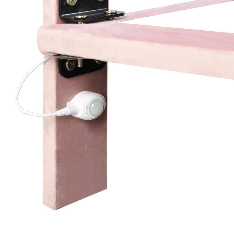 Pink Queen Size Velvet Upholstered Queen Bed with Sensor Light, Floating Platform Design, and Headboard