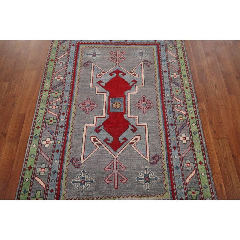 Kazak Accent Rug Hand-Knotted Grey Geometric Wool Carpet - 3'4" x 5'0"