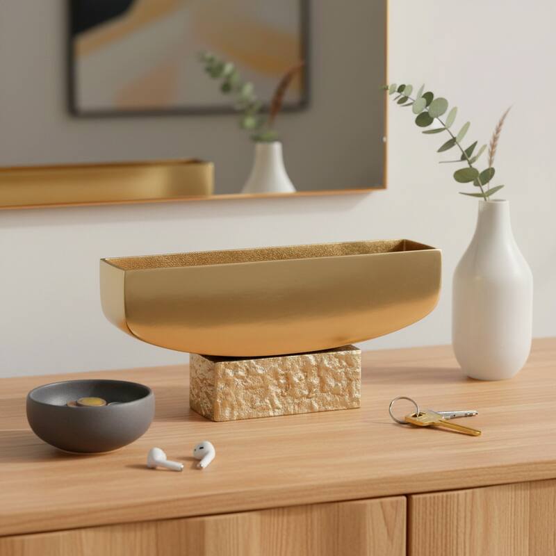 Rectangular Metal Decorative Bowl with Textured Base - 14", Gold - 14.0" - Silver/ Metallic - 14.0"