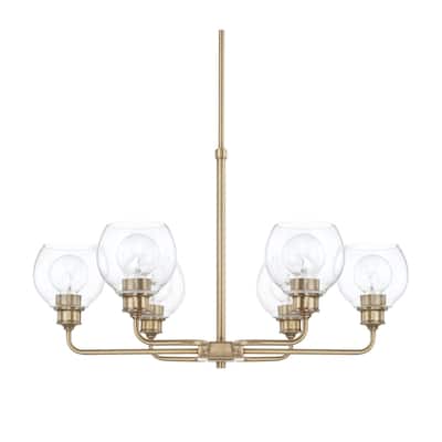 Mid-Century 6-light Aged Brass Chandelier