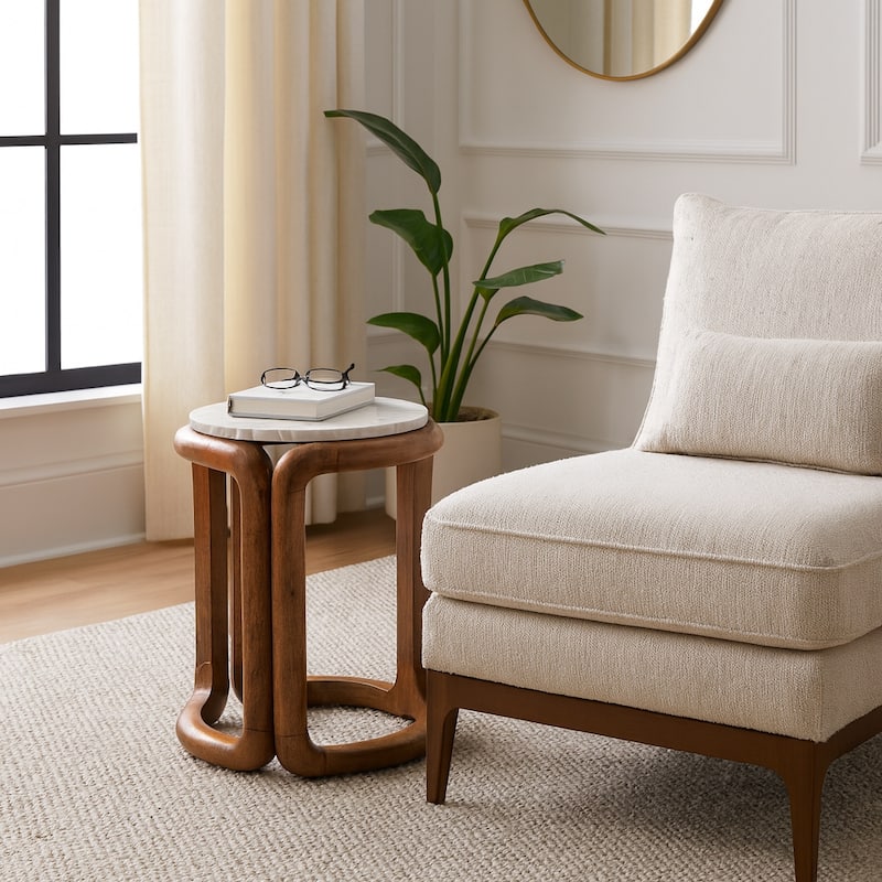 Marble Round Top Inlay Wood End Table - Ivory, 18 in. - 14" x 14" x 18"