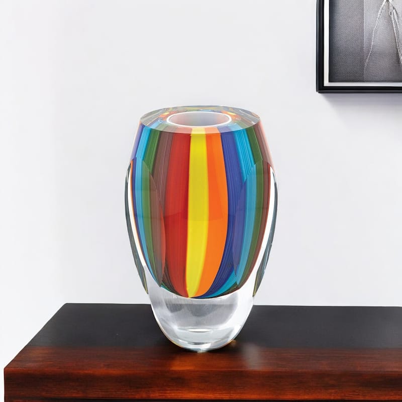 HomeRoots 6" Blue Clear Red And Yellow Cylinder Crystal Glass Table Vase