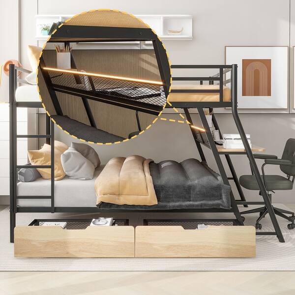 slide 2 of 8, Metal Bunk Bed with Built-in Desk, Light, and 2 Storage Drawers, Guardrail Black