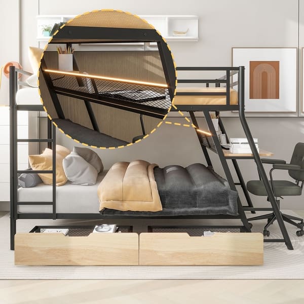 slide 2 of 11, Metal Full Over Full Size Bunk Bed with Built-in Desk and Guard, Full Bunk Bedframe w/ Light Strip and 2 Drawers for Bedroom Black - Full
