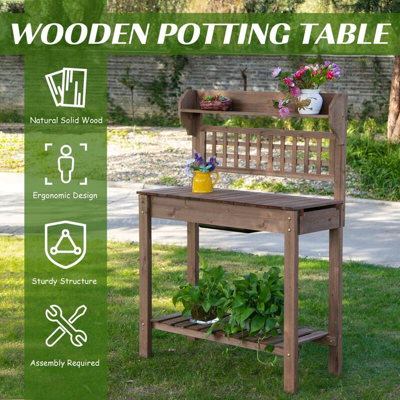 Outsunny 39'' x 18'' x 55'' Wood Garden Potting Work Table with Hidden Storage, Sink Basin, & Below Clapboard