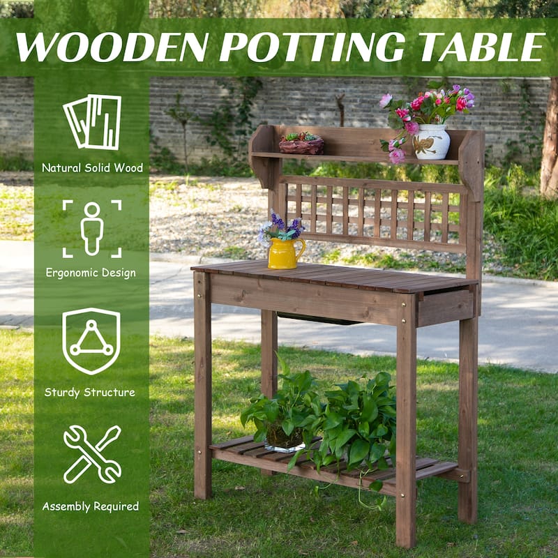 Wooden Plant Shelving, Potting Bench, Sliding Tabletop and Dry Sink