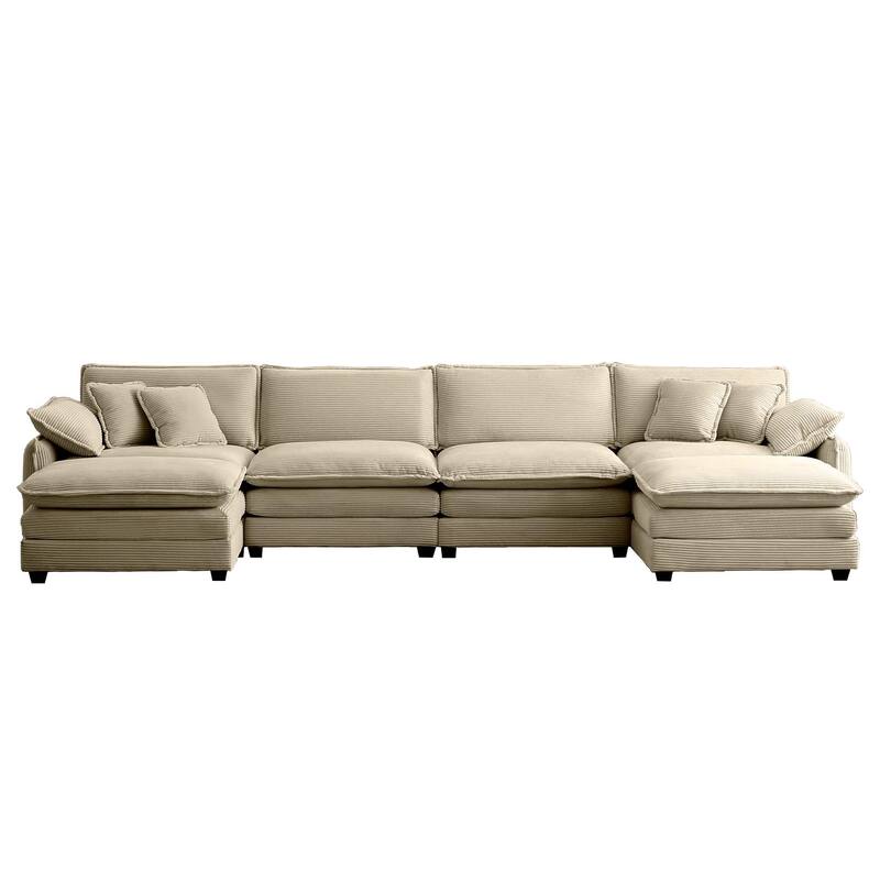 Tan 6-piece Corduroy U-Shaped Modular Sectional Sofa with 2 Ottomans