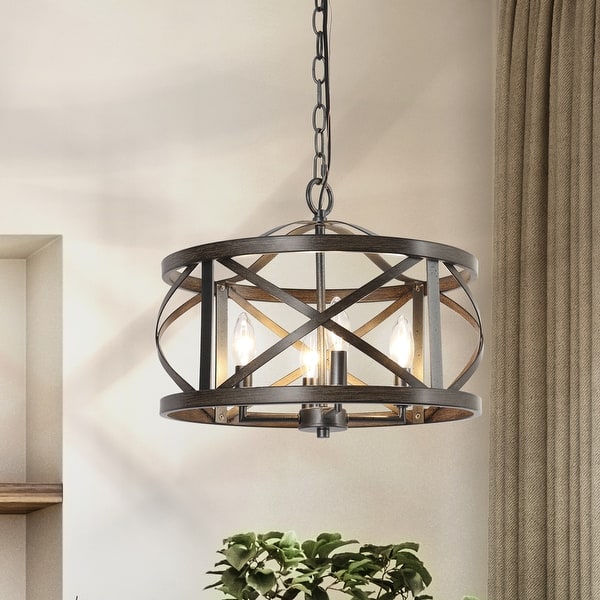 slide 2 of 18, Modern Farmhouse 4-Light Drum Chandelier Wood Grain Lights for Dining Room - D15.5" x H76"