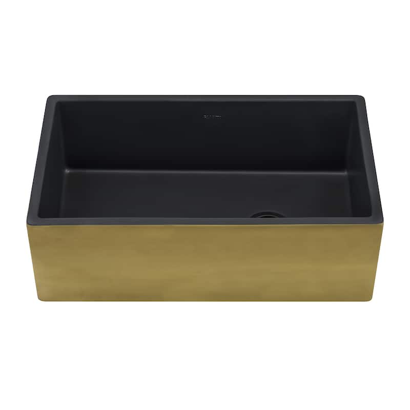 Ruvati 30-inch Matte Black and Gold Fireclay Modern Farmhouse Offset Drain Kitchen Sink Single Bowl RVL4018GRG - 8' x 11'