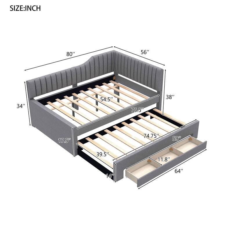 Full Size Linen Daybed with Trundle and 3 Storage Drawers and Multi-Functional Upholstered Bed (400lbs Capacity)