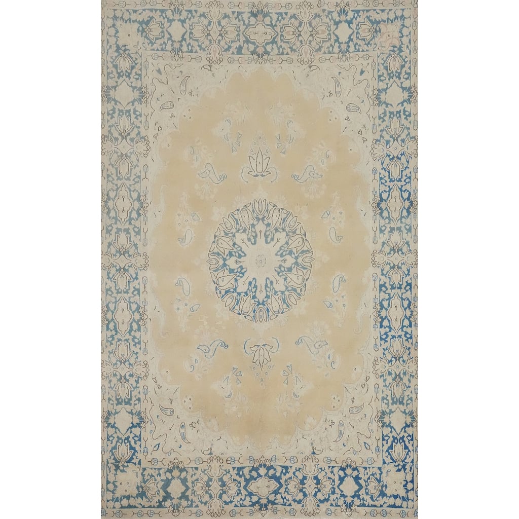 Hand Knotted Oriental 100% Wool Carpet Traditional Floral Beige & Ivories Kerman Area Rug - 10' 0'' X 6' 6''