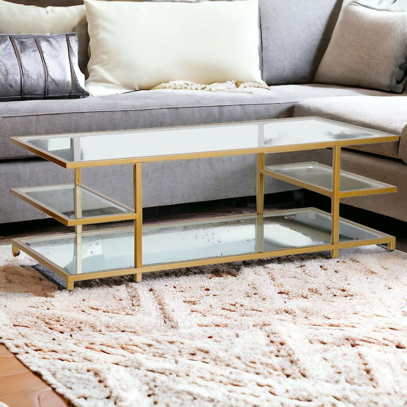 54" Modern Glass Coffee Table with Steel Base and 3 Storage Shelves Perfect for Living Room - 54"L x 24"W x 18"H