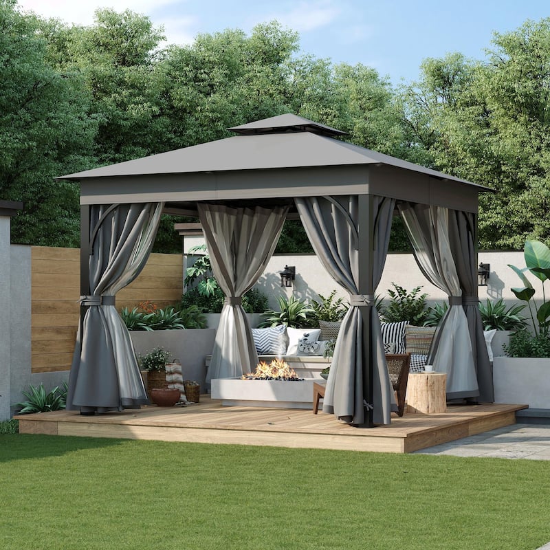 Outdoor Gazebo Tent with Double Roof, Mosquito Netting & Privacy Screens