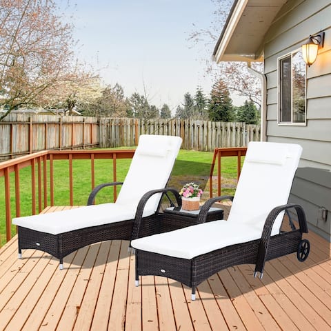 Outsunny 3 Piece Patio Wicker Chaise Lounge Chair Set, Adjustable Outdoor Rattan Lounge with Wheels for Easy Moving & Padded