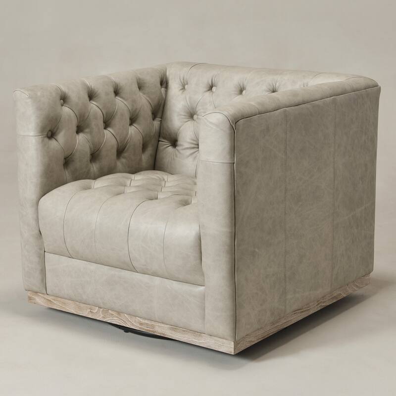 KINWELL 100% Genuine Leather Square Swivel Barrel Accent Chair
