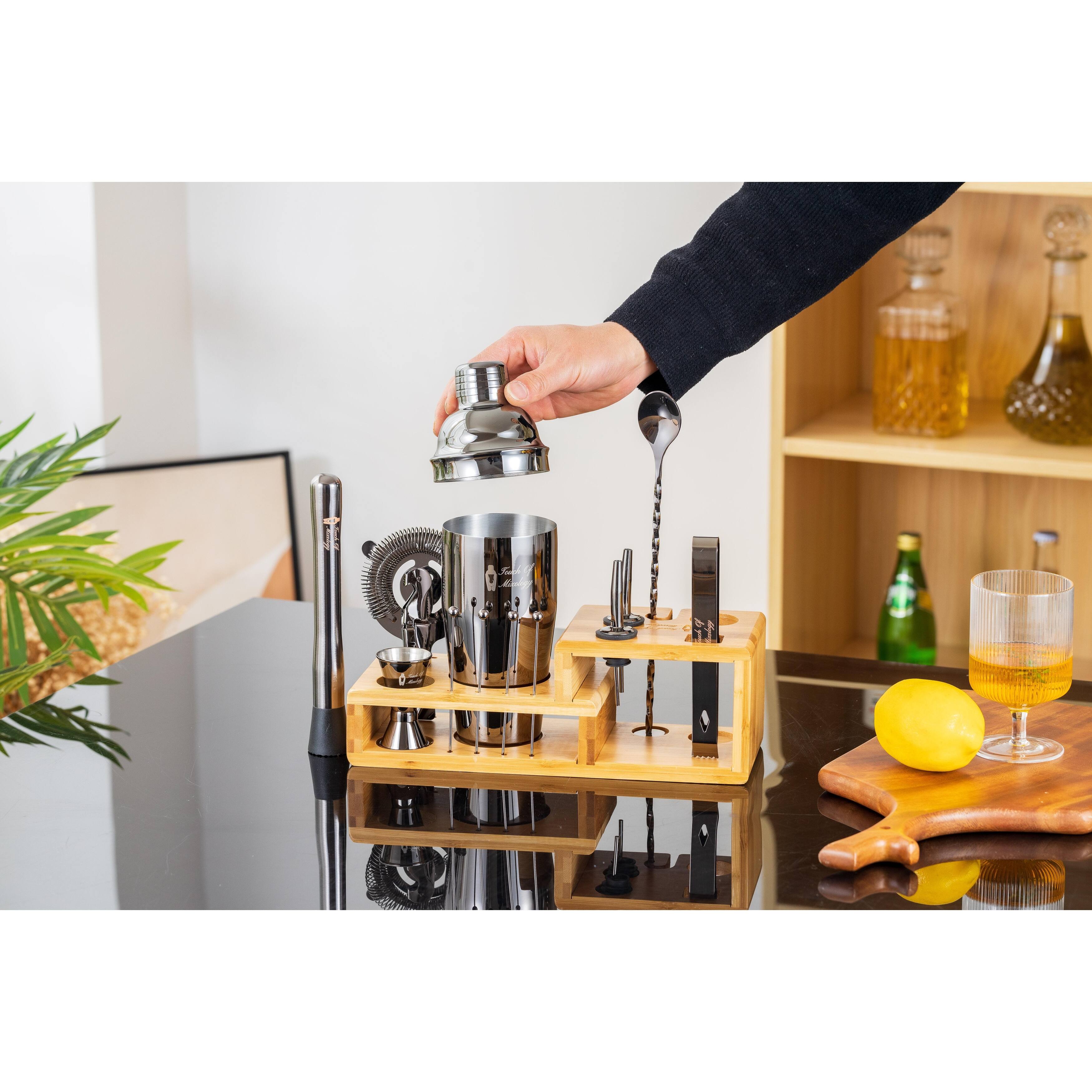 14 Piece Dark Metallic Mixology Bartender Kit with Bamboo Stand N/A