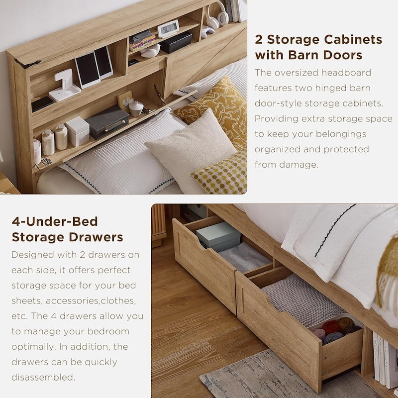 Farmhouse King Size Wood Bed Frame with Storage Headboard and Drawers