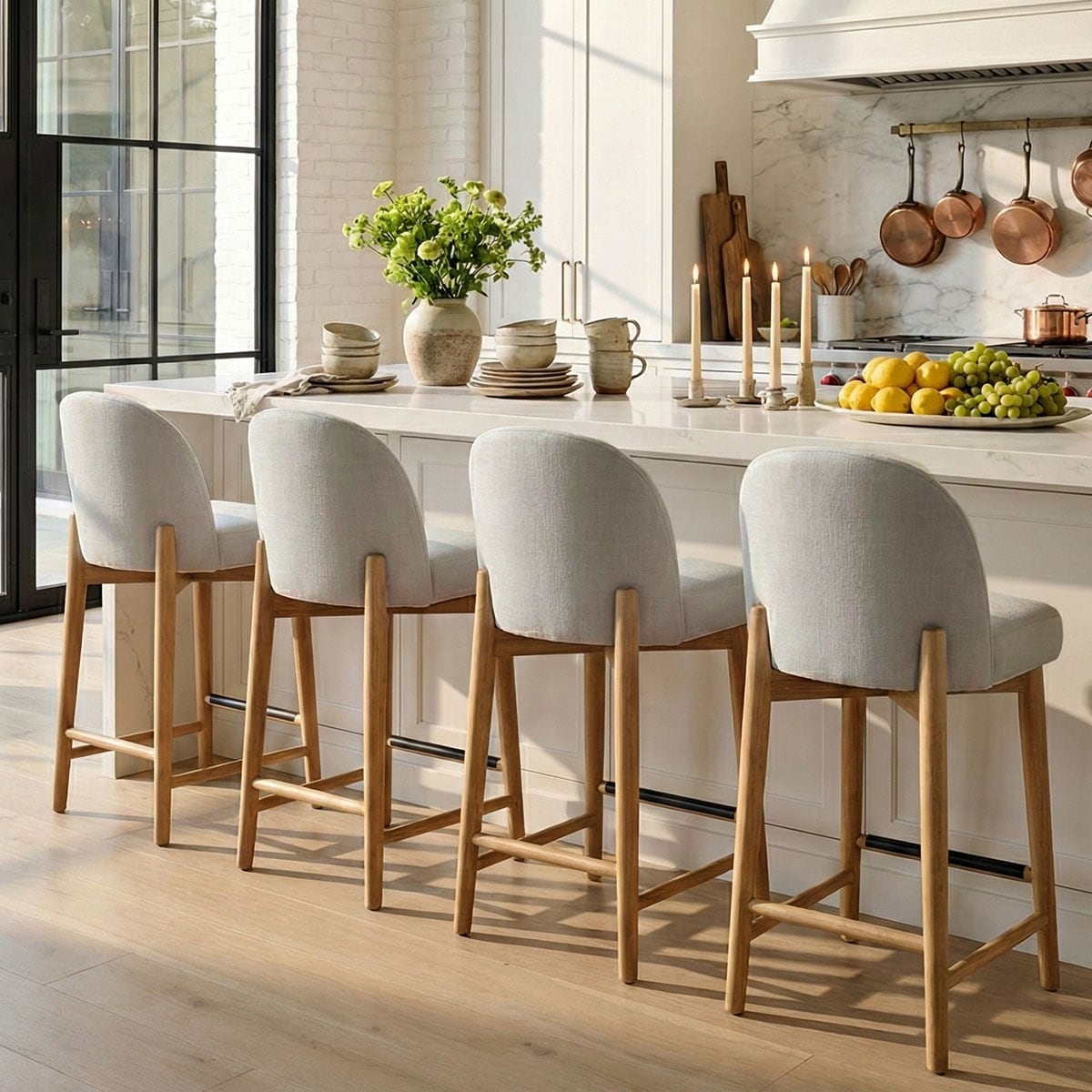 Solid Wood Counter Height Stools with Linen Upholstery and Curved Back, Set of 4