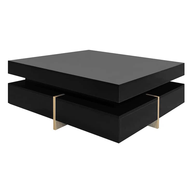 Roomfitters Modern High Gloss Square Coffee Table, Multi-Storage Center Table with Hidden Compartments and Wood Grain Legs