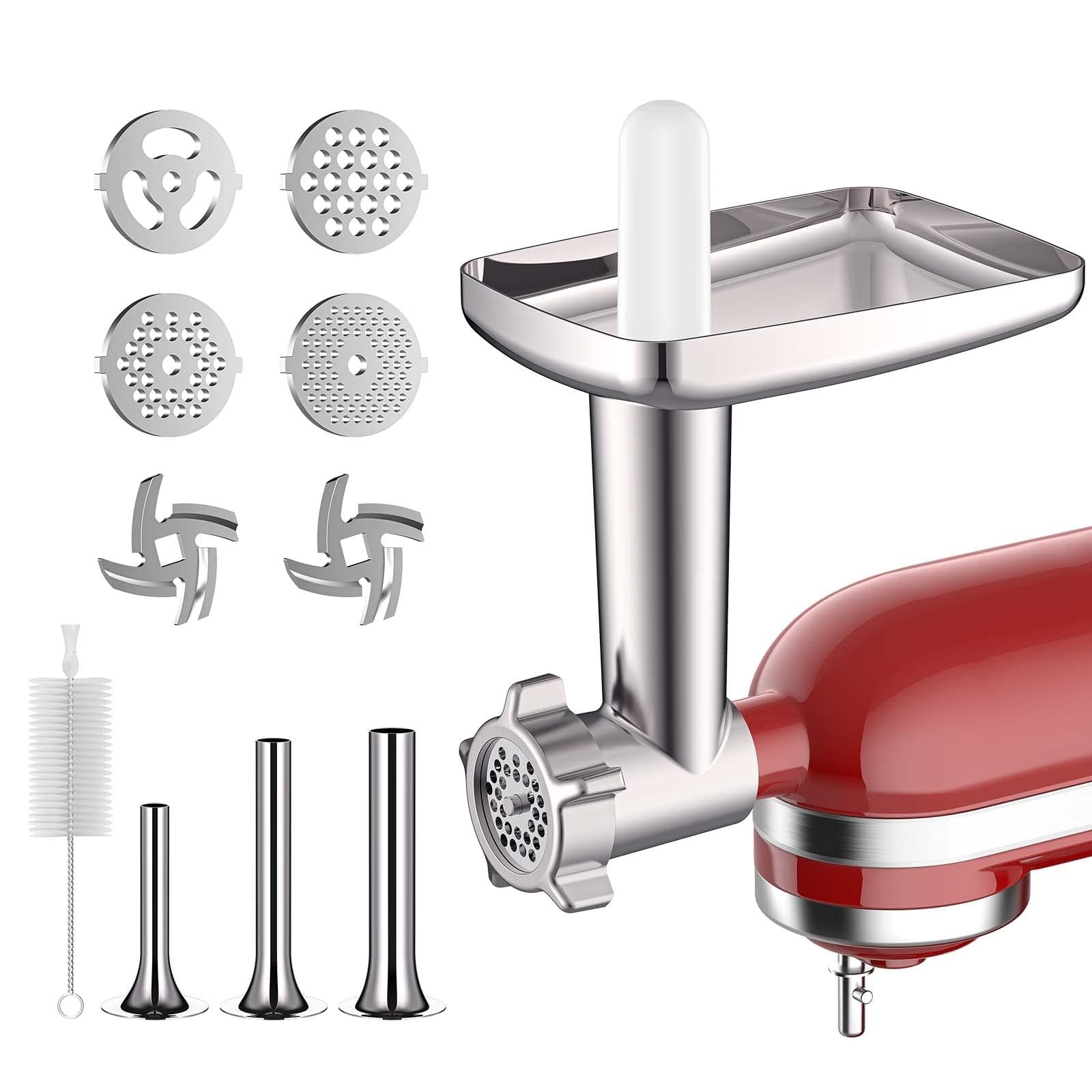 Metal Meat grinder attachment for stand mixers, Meat Grinder Attachment Includes 4 Grinding Plates, 3 Sausage Stuffer Tubes