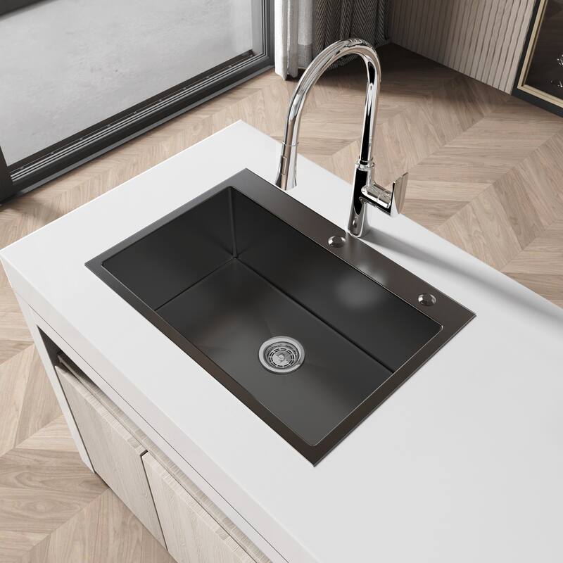 Modern Black 27 Inch Single Bowl Countertop Kitchen Sink 304 Stainless Steel Overmount with Lift and Turn Drain