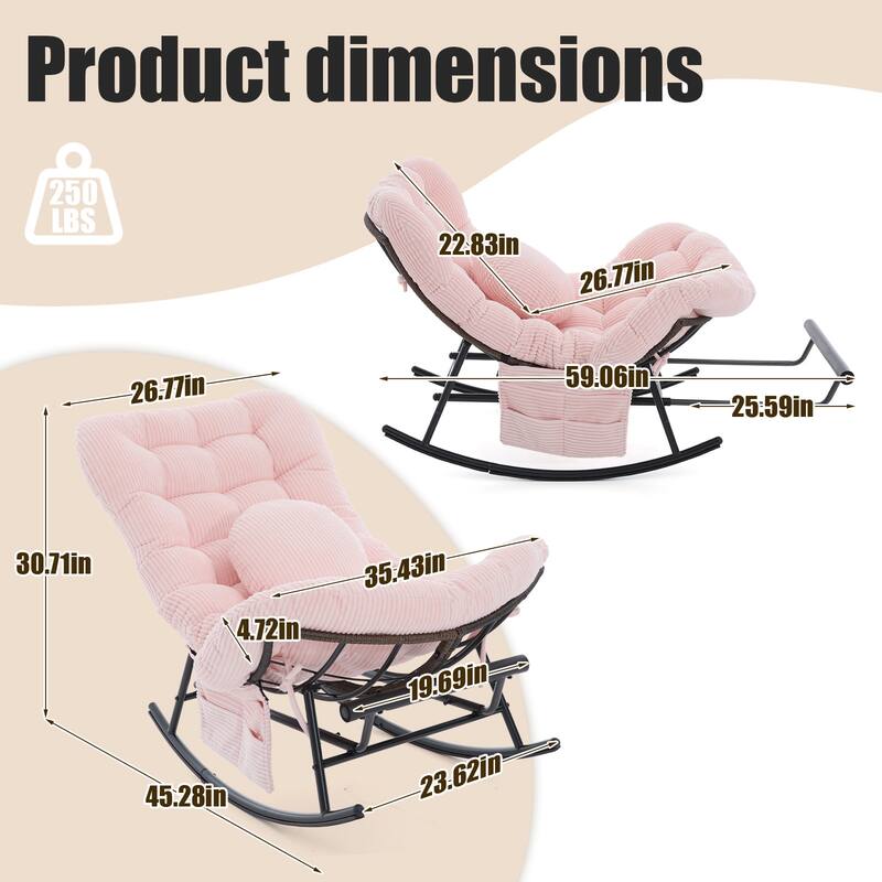 HOMEFUN Corduroy Upholstered Egg Shaped Design Steel Frame Rocking Chair with Side Pocket and Foot Pedal