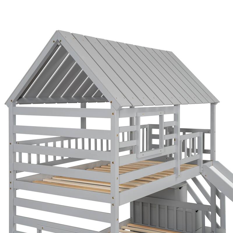 Twin Over Twin House Bunk Bed with Trundle, Slide, and Storage Staircase