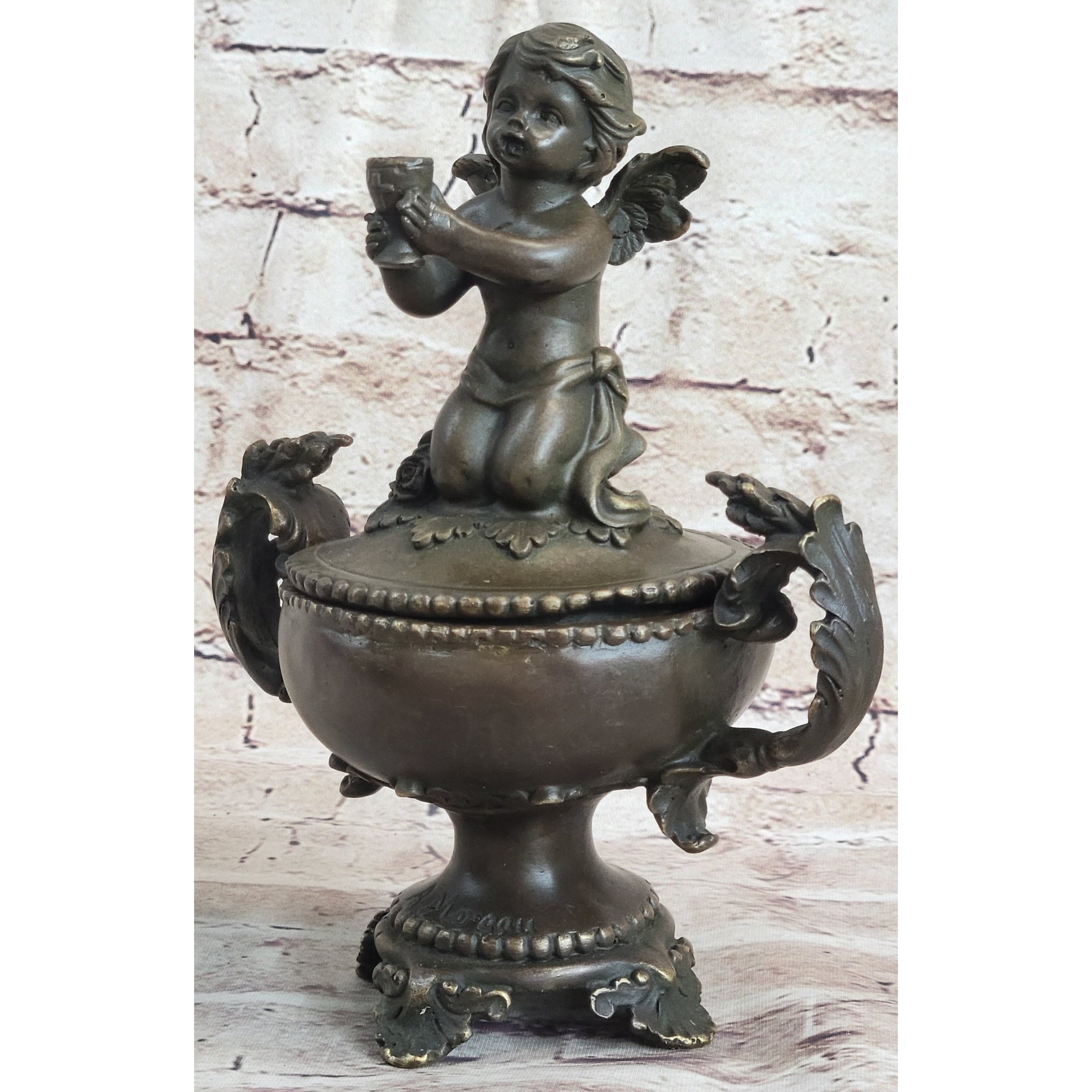Bronze Cherub Cherubim Urn Jewelry Trinket Box Sculpture Decor 8 Inches X 6 Inches