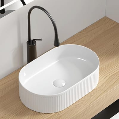 Oval Bathroom Sink Above Counter - 19″ x 12″ White Porcelain Vessel Sink, Modern Vanity Bowl Sink