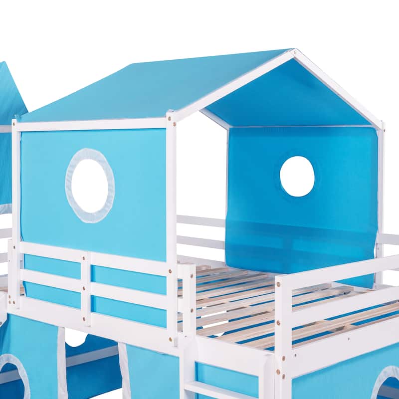 Twin/Full Size Kids Loft Bed with Slide and Tent, House Loft Bed with Tower and Ladder, Wood Loft Bed Playhouse Bed Frame