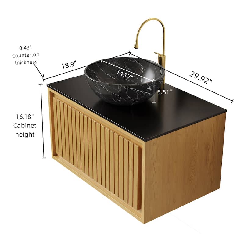 GDFStudio - Kolas Modern 30" Floating Bathroom Vanity, Corolla Oak Finish & Black Sintered Stone Countertop, WITHOUT Faucet