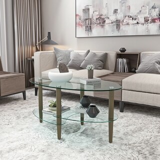 Transparent Oval glass coffee table with Oak wood leg tea table - Bed ...
