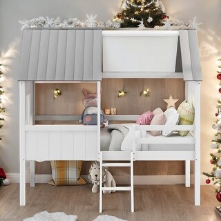 Twin Size Low Loft Wood House Bed with Two Side Windows, White+Elegant