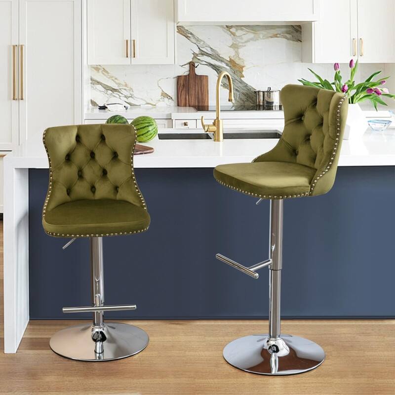 Velvet Upholstered Nailheads Tufted Swivel Bar Stools (Set of 2)